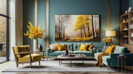 luxurious living room, teal walls, yellow velvet sofa, large abstract painting, floor-to-ceiling windows, modern coffee table, blue accent chairs, geometric area rug, sleek floor lamp, gold accents, c
