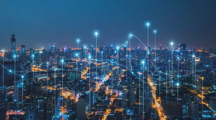 Fototapeta premium Smart digital Innovation city with connection network reciprocity over the cityscape. of future smart wireless city and social media networking systems that connects business people with in city