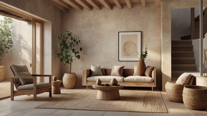 Interior design, modern rustic, round mirror, wooden console table, neutral tones, minimalist decor, potted plants, ceramic vases, natural materials, warm lighting, textured walls, earthy color palett