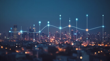 Obraz premium Smart digital Innovation city with connection network reciprocity over the cityscape. of future smart wireless city and social media networking systems that connects business people with in city