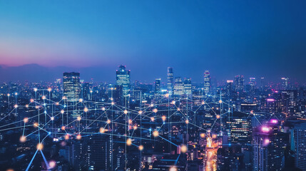 Obraz premium Smart digital Innovation city with connection network reciprocity over the cityscape. of future smart wireless city and social media networking systems that connects business people with in city