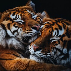 Obraz premium A minimalist saber-toothed tiger gently resting its head on another, a symbol of prehistoric love