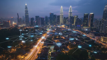 Obraz premium Smart digital Innovation city with connection network reciprocity over the cityscape. of future smart wireless city and social media networking systems that connects business people with in city