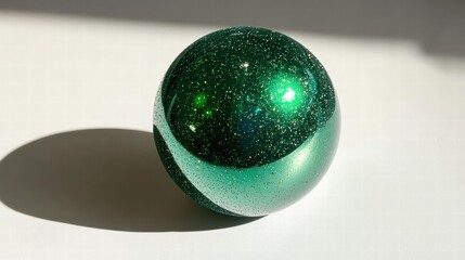 a shiny green Christmas ornament on a white background.