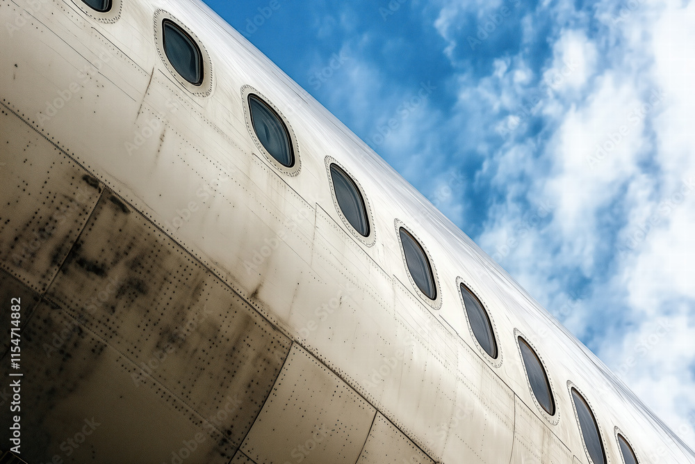 Aufkleber close up view of airplane fuselage with windows and clouds generative ai