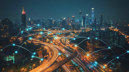 Obraz premium Smart digital Innovation city with connection network reciprocity over the cityscape. of future smart wireless city and social media networking systems that connects business people with in city