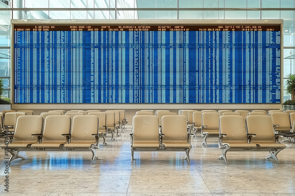 Poster modern airport terminal with flight information display and seating generative ai