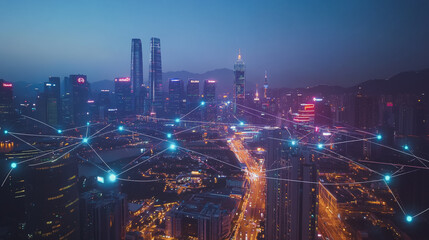 Fototapeta premium Smart digital Innovation city with connection network reciprocity over the cityscape. of future smart wireless city and social media networking systems that connects business people with in city