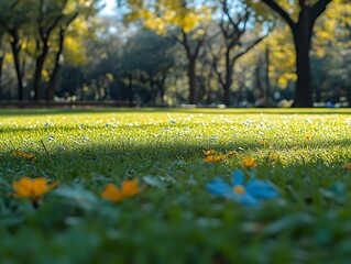 Sunlit Grass Park Scene With Blue And Yellow Flowers