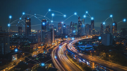 Obraz premium Smart digital Innovation city with connection network reciprocity over the cityscape. of future smart wireless city and social media networking systems that connects business people with in city