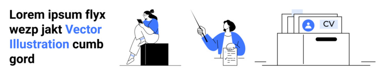 One person reading on a tablet, another presenting data on a flip chart with a pointer, and a file drawer labeled CV with folders inside. Ideal for HR, presentations, job applications, education