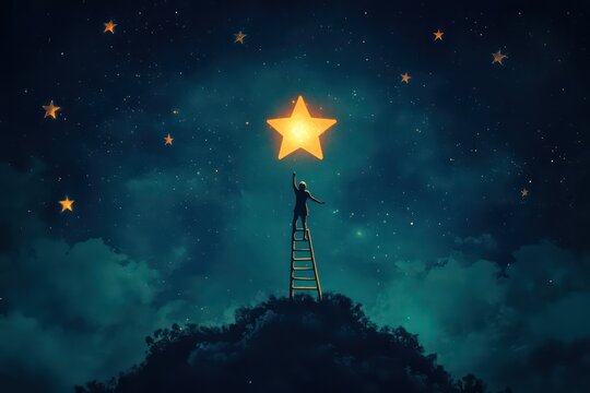 A figure standing on a ladder reaching for a glowing star in a night sky, illustrating the concept of rising to opportunities and striving for improvement.