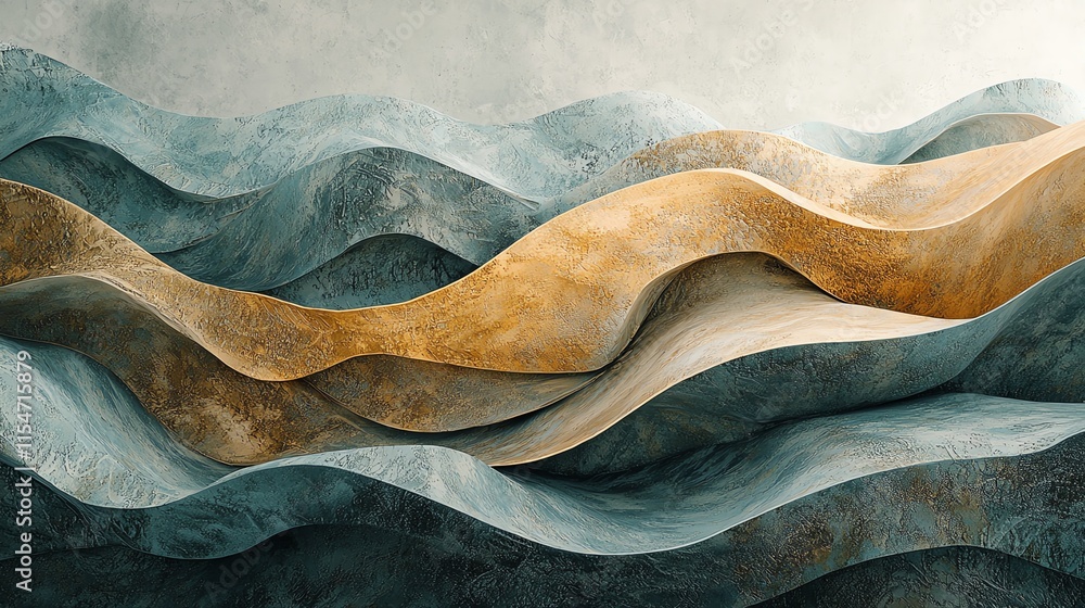 Poster abstract waves in blue and gold tones creating flowing motion and texture.