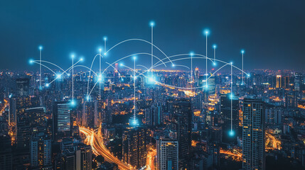 Naklejka premium Smart digital Innovation city with connection network reciprocity over the cityscape. of future smart wireless city and social media networking systems that connects business people with in city