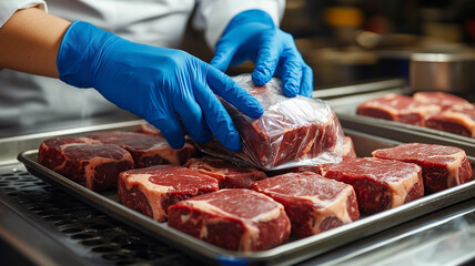 Meat factory worker pack the meat into the plastic foil on the machine at food factory.
