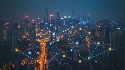 Smart digital Innovation city with connection network reciprocity over the cityscape. of future smart wireless city and social media networking systems that connects business people with in city