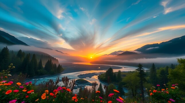 Spring Forest Mountain River in Sunset