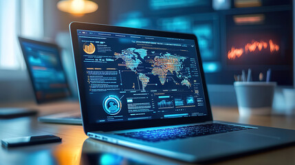 Laptop with Data Analytics Displaying World Map
