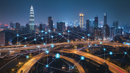 Obraz premium Smart digital Innovation city with connection network reciprocity over the cityscape. of future smart wireless city and social media networking systems that connects business people with in city