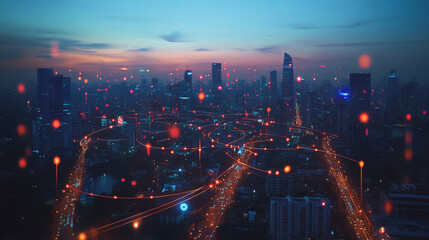 Fototapeta premium Smart digital Innovation city with connection network reciprocity over the cityscape. of future smart wireless city and social media networking systems that connects business people with in city