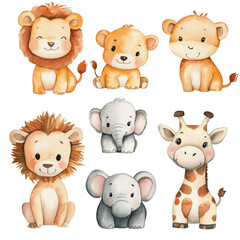 A set of six animal drawings, including giraffes, lions, and elephants