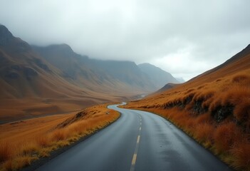 Winding Mountain Road Through Autumn Grasslands: A Cinematic Panoramic Landscape of Rolling Hills and Misty Mountains Under a Cloudy Sky