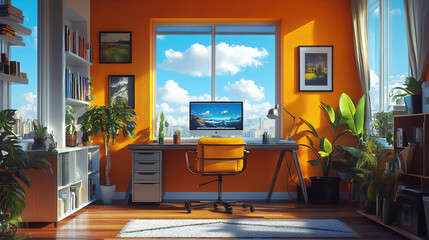 Bright and Modern Home Office with Orange Wall