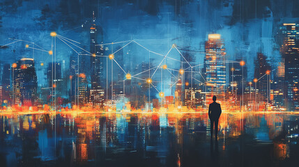 Obraz premium Smart digital Innovation city with connection network reciprocity over the cityscape. of future smart wireless city and social media networking systems that connects business people with in city