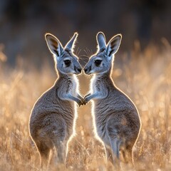 Fototapeta premium Two playful kangaroos standing close together, their tails forming a spiral heart