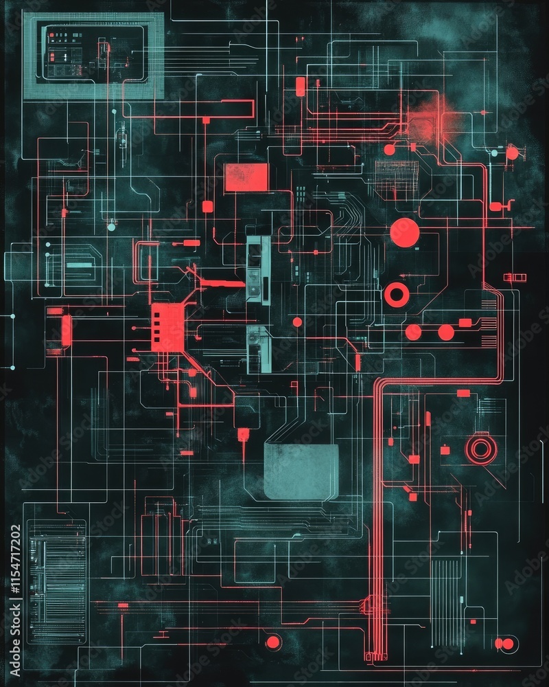 Poster abstract digital circuitry design with glowing elements, suggesting technology and innovation.