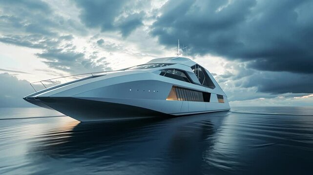 White luxury yacht gliding across tranquil seascape, reflecting cloudy evening sky with sleek futuristic design and elegant maritime presence