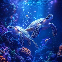 Fototapeta premium Two friendly turtles swimming together under coral reefs, surrounded by glowing fish