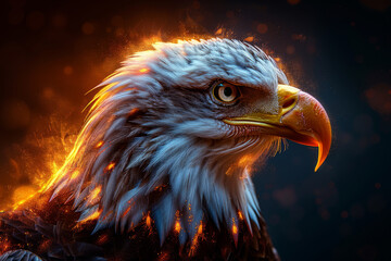 Golden eagle soaring in the sky with sharp beak and intense eyes, a powerful bird of prey in nature's wild beauty