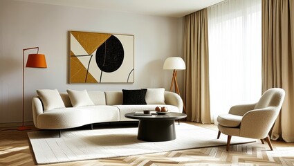 Modern minimalist living room, curved white sofa, retro armchair, round coffee table, abstract wall art, orange accents, wooden elements, natural light, sleek design, neutral color palette, contempora