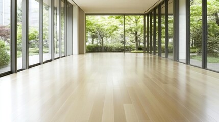 Obraz premium Empty modern room with large windows and hardwood floor, showcasing a lush green garden view.