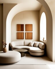 Minimalist interior, curved white sofa, arched doorway, neutral tones, empty gold frames, round coffee table, vase with dried flowers, textured rug, soft lighting, modern elegant design, monochromatic