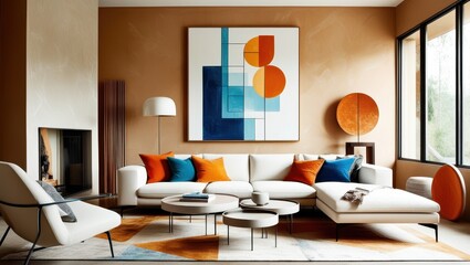 Modern living room interior, floor-to-ceiling windows, natural light, colorful abstract art, white sofa, orange accent chairs, wooden coffee table, geometric rug, retro-inspired decor, mid-century mod