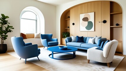 Modern interior design, minimalist living room, arched built-in shelving, curved blue armchairs, round blue ottoman, white textured walls, large arched window, potted plant, wooden coffee table, neutr
