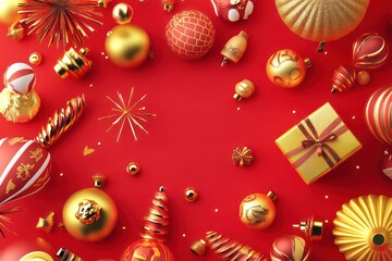 A cheerful 3D design featuring a red background with golden symbols, lanterns, and fireworks, with a space left for a holiday message.