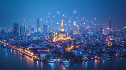 Obraz premium Smart digital Innovation city with connection network reciprocity over the cityscape. of future smart wireless city and social media networking systems that connects business people with in city