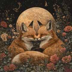 Fototapeta premium Two prehistoric foxes resting under a glowing ancient moon, surrounded by soft flowers