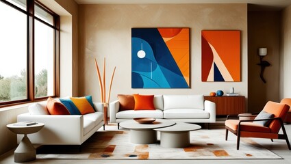 Modern living room interior, floor-to-ceiling windows, natural light, colorful abstract art, white sofa, orange accent chairs, wooden coffee table, geometric rug, retro-inspired decor, mid-century mod