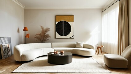 Modern minimalist living room, curved white sofa, retro armchair, round coffee table, abstract wall art, orange accents, wooden elements, natural light, sleek design, neutral color palette, contempora