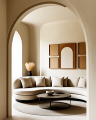 Minimalist interior, curved white sofa, arched doorway, neutral tones, empty gold frames, round coffee table, vase with dried flowers, textured rug, soft lighting, modern elegant design, monochromatic