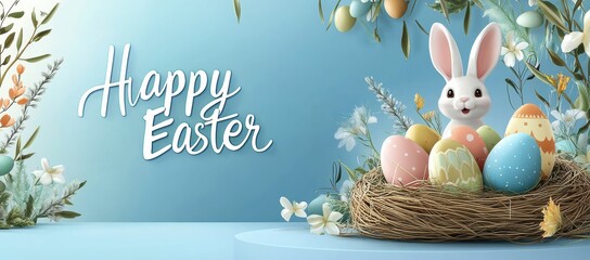 This festive Easter scene features a cheerful bunny surrounded by a colorful array of eggs in a natural nest, symbolizing joy and renewal during family gatherings in the spring season