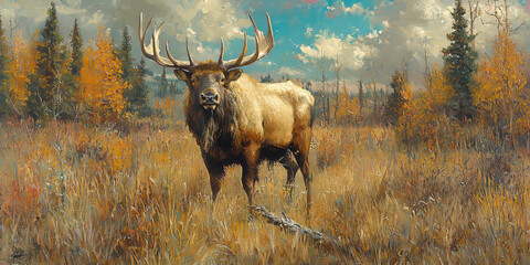 Elk Stag in Autumn Meadow Landscape