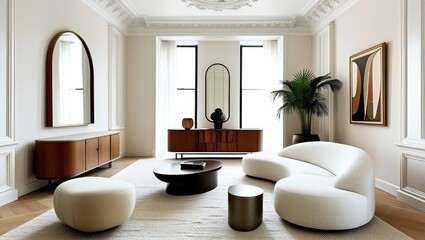 Luxurious minimalist living room, curved white sofas, round coffee table, arched windows, potted palm, ornate ceiling, wooden sideboard, large mirror, neutral color palette, bright natural light, spac
