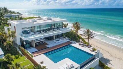 Luxury beachfront home with rooftop pool offering ocean views with spacious terrace, background wallpaper AI generated image