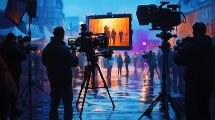 Fototapeta premium Cinematic Silhouettes: Film Crew at Work in Atmospheric Fog. Creative Abstract Background Capturing Dramatic Lighting and High-Resolution Shadows on Stage. AI-Generated Design for Advertising and Mark