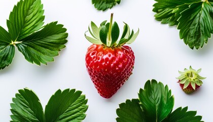 Fresh Red Strawberry Surrounded by Green Leaves on White Background for Upscale Presentation